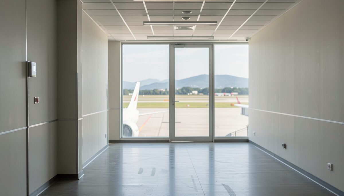 An empty municipal terminal corridor with a long window wall overlooking a runway, low hills beyond the far threshold, polished floor and a row of unused seating along the glass.