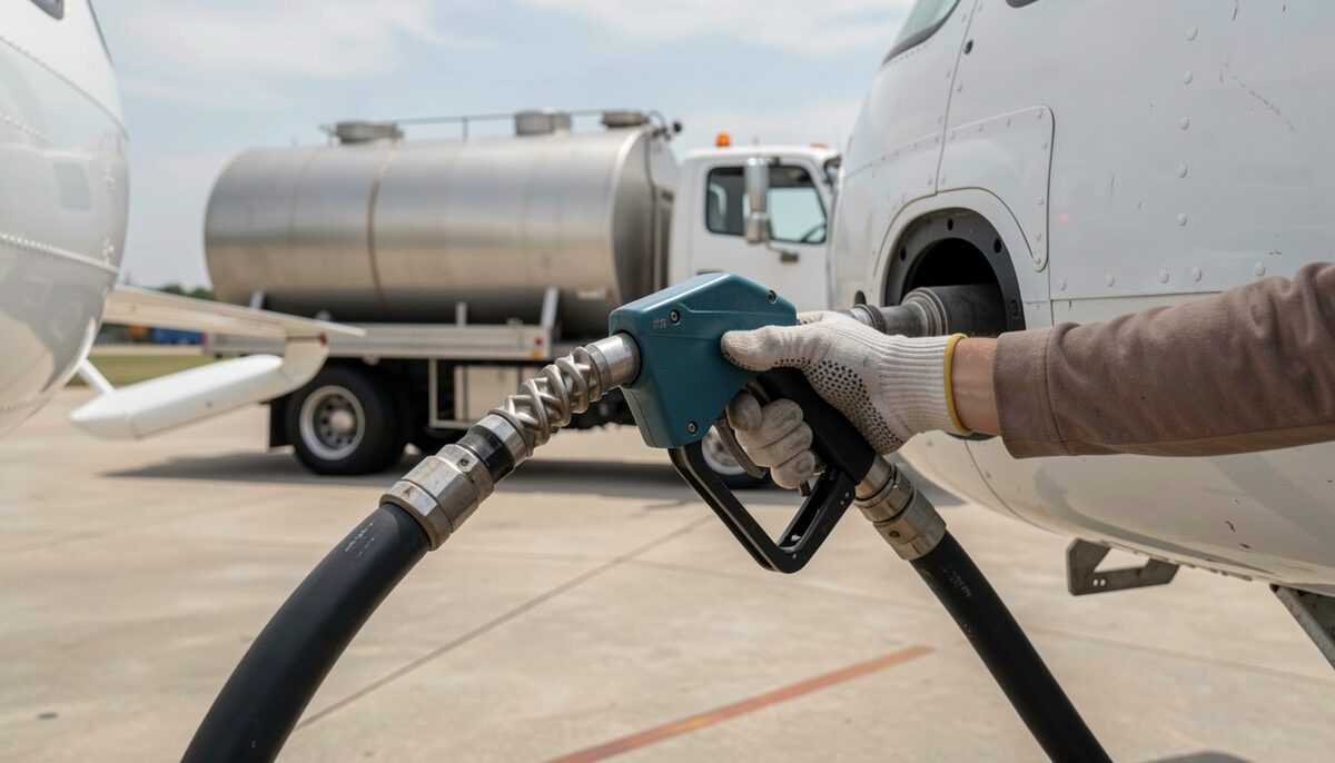 A fuel truck hose connected to an under-wing refuelling port, a lineman in gloves watching the meter housing, the truck body and its hose reel filling the background of a sunlit ramp.