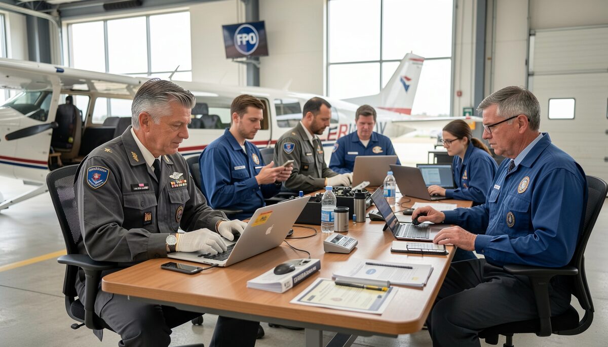 Six people seated along a long table in an open hangar, laptops and printed sheets in front of them, a light single-engine aircraft parked behind the table and a large hangar sign above the group.