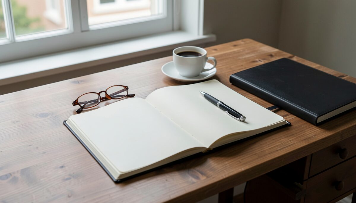 A wall calendar and an open notebook on a desk in an operator office, a filing cabinet and a stack of folders behind, a pen resting across the open page in low afternoon light.