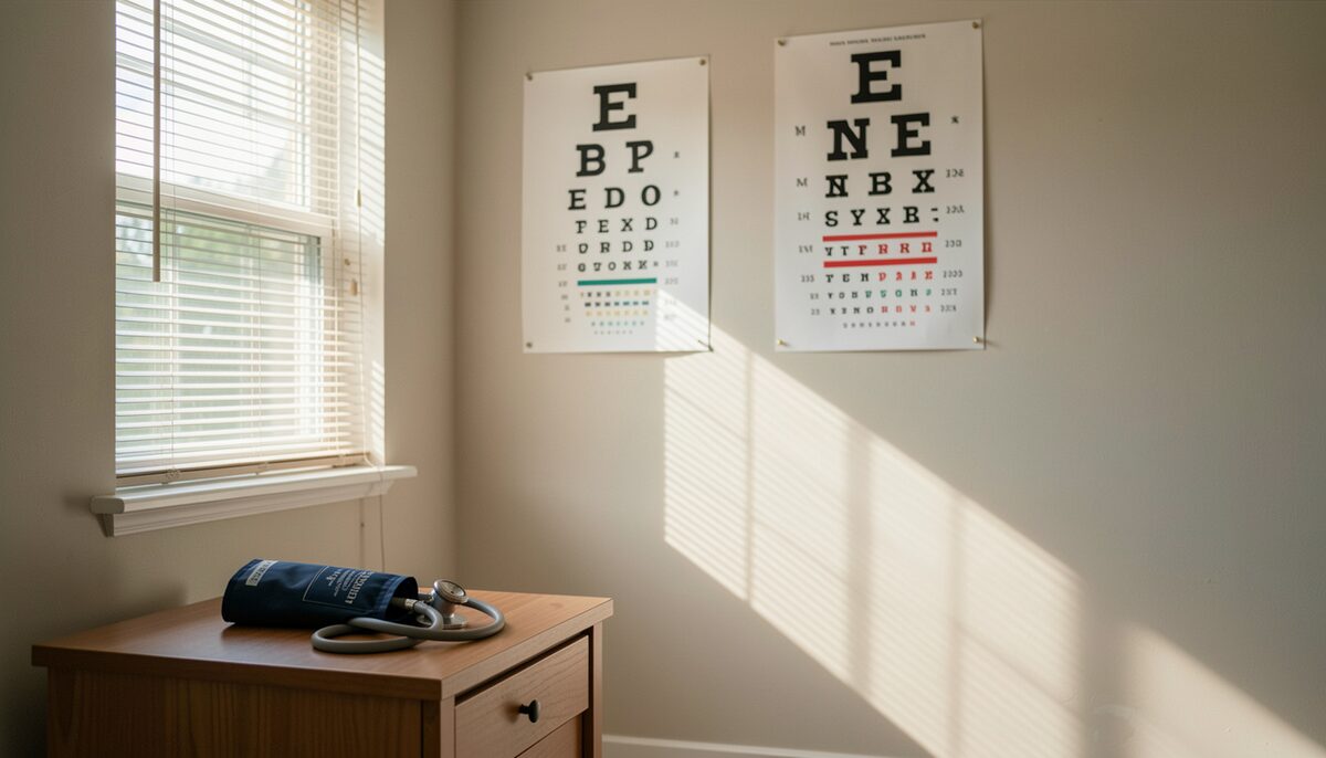 An examination room with two eye charts pinned to a wall, a blood pressure cuff and a stethoscope resting on a wooden cabinet, daylight through a venetian blind.