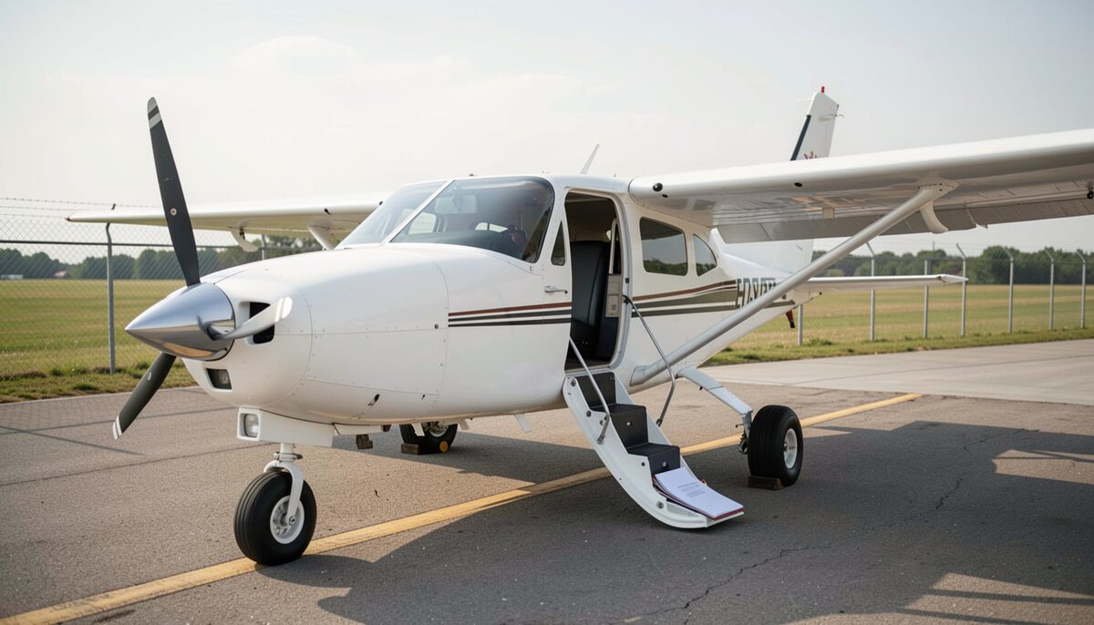 A single engine aircraft parked on a fenced ramp with its cabin door open and the airstair lowered to the ground, a closed folder resting on the step.